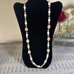 30” beige, pale pink and cream beaded vintage necklace.